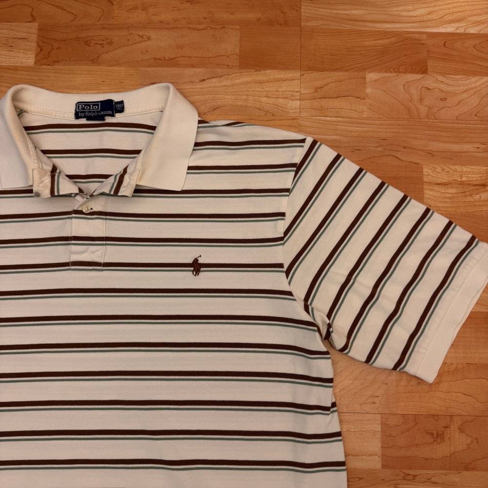 Vintage Polo Ralph Lauren Mens 2XLT Tall Striped Polo Shirt Cream Brown Green SS